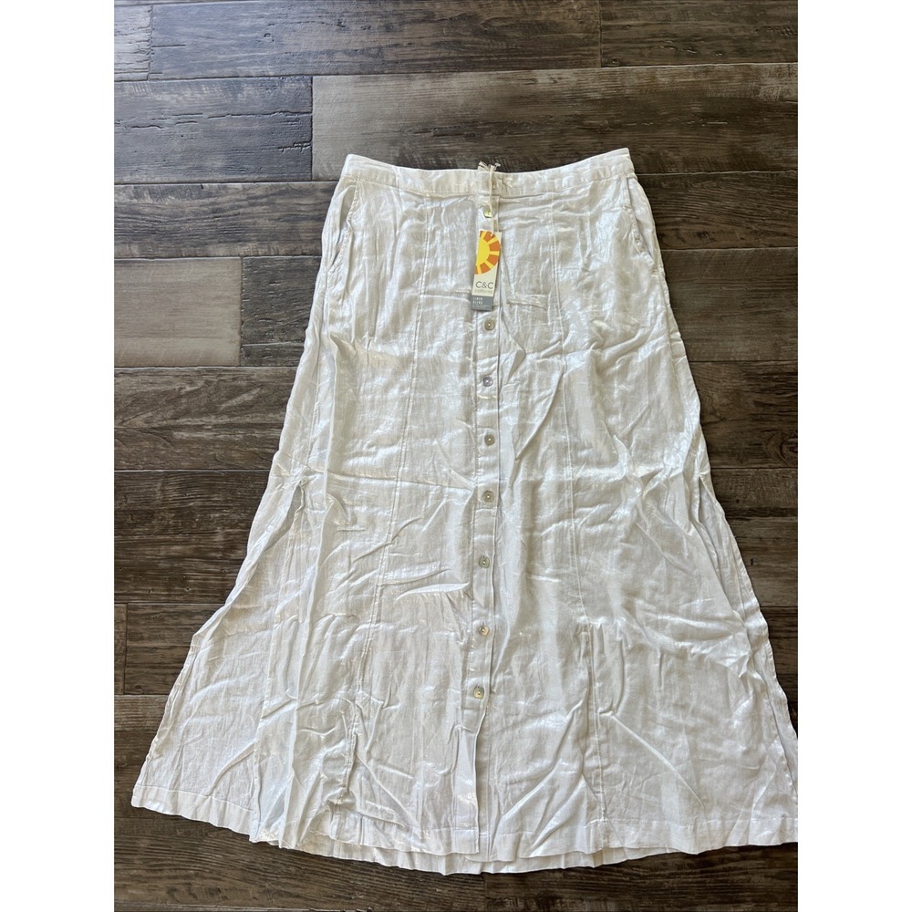 C&C California Linen Blend Silver Button Up Midi Skirt Iridescent Size Large